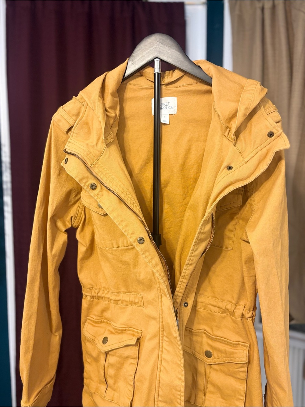 Market & Spruce Women's Mustard Hooded Utility Jacket - Drawstring Waist